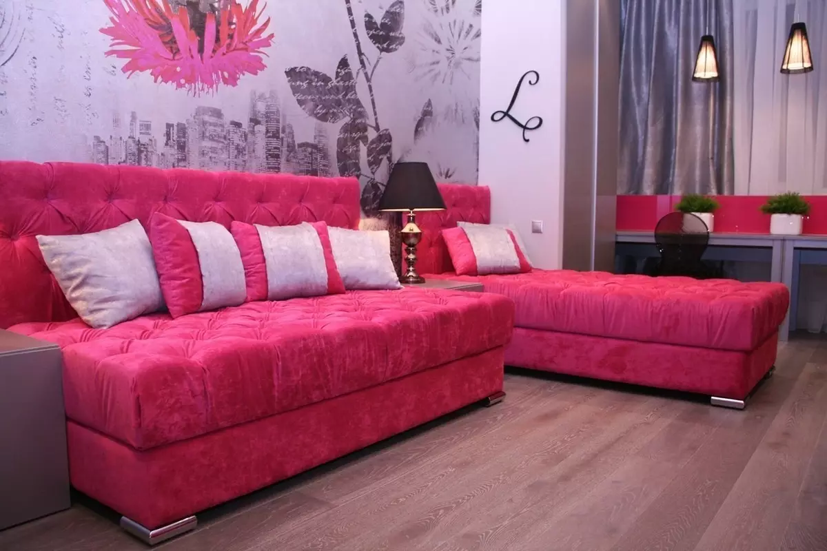 Ružičaste sofe: Primjeri u unutrašnjosti, prljavoj i prašini-ružičastoj boji, mekoj i sivoj ružičastoj, blijedi ružičastim i drugim nijansama 9119_28