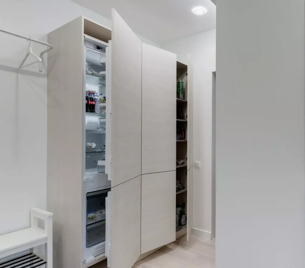 Koelkast in de gang (32 foto's): HALLWAY Design-opties met apparatuur. Hoe de koelkast in de gang te verbergen? 9132_5