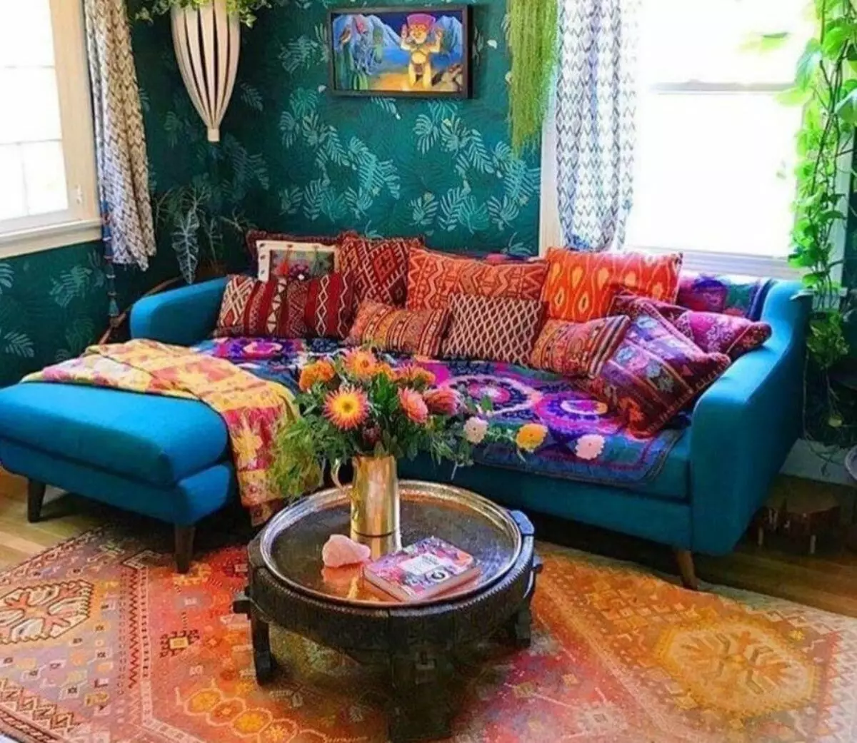 綠松石顏色（72張照片）：在內部角度和折疊。什麼窗簾將適合？客房設計與綠松石沙發床 9133_64
