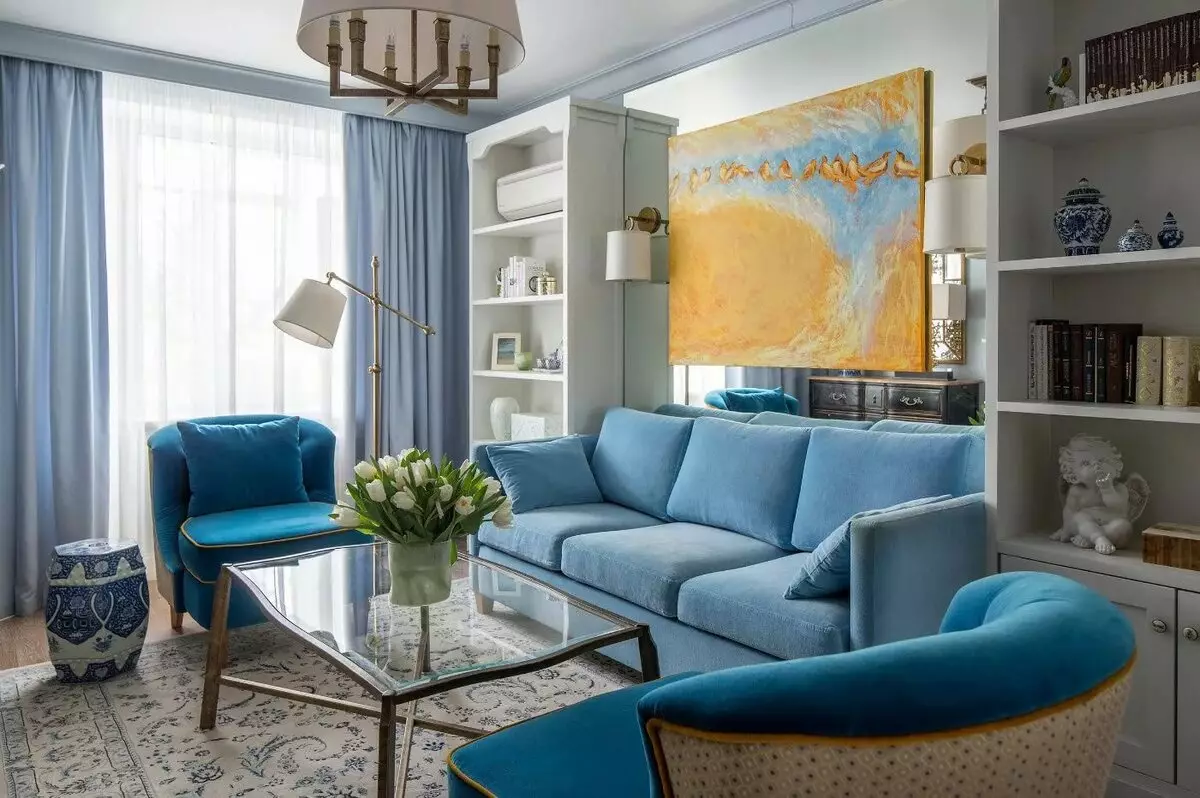 Warna Turquoise (72 foto): sudut dan lipatan di pedalaman. Apa langsir yang sesuai? Reka bentuk bilik dengan katil sofa turquoise 9133_8