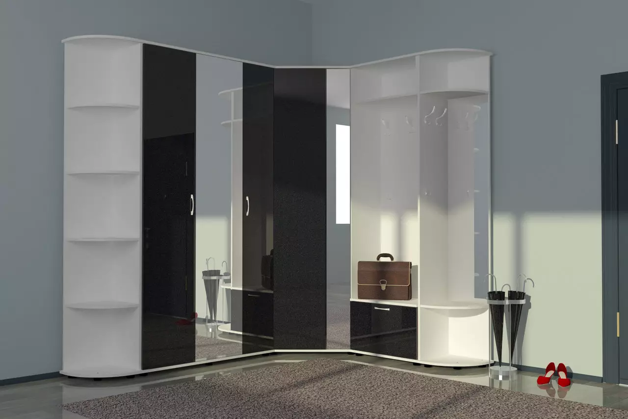 Лъскавите зали: бели модулни зали в коридор с лъскавите фасади, черен мебели и други модели 9134_19