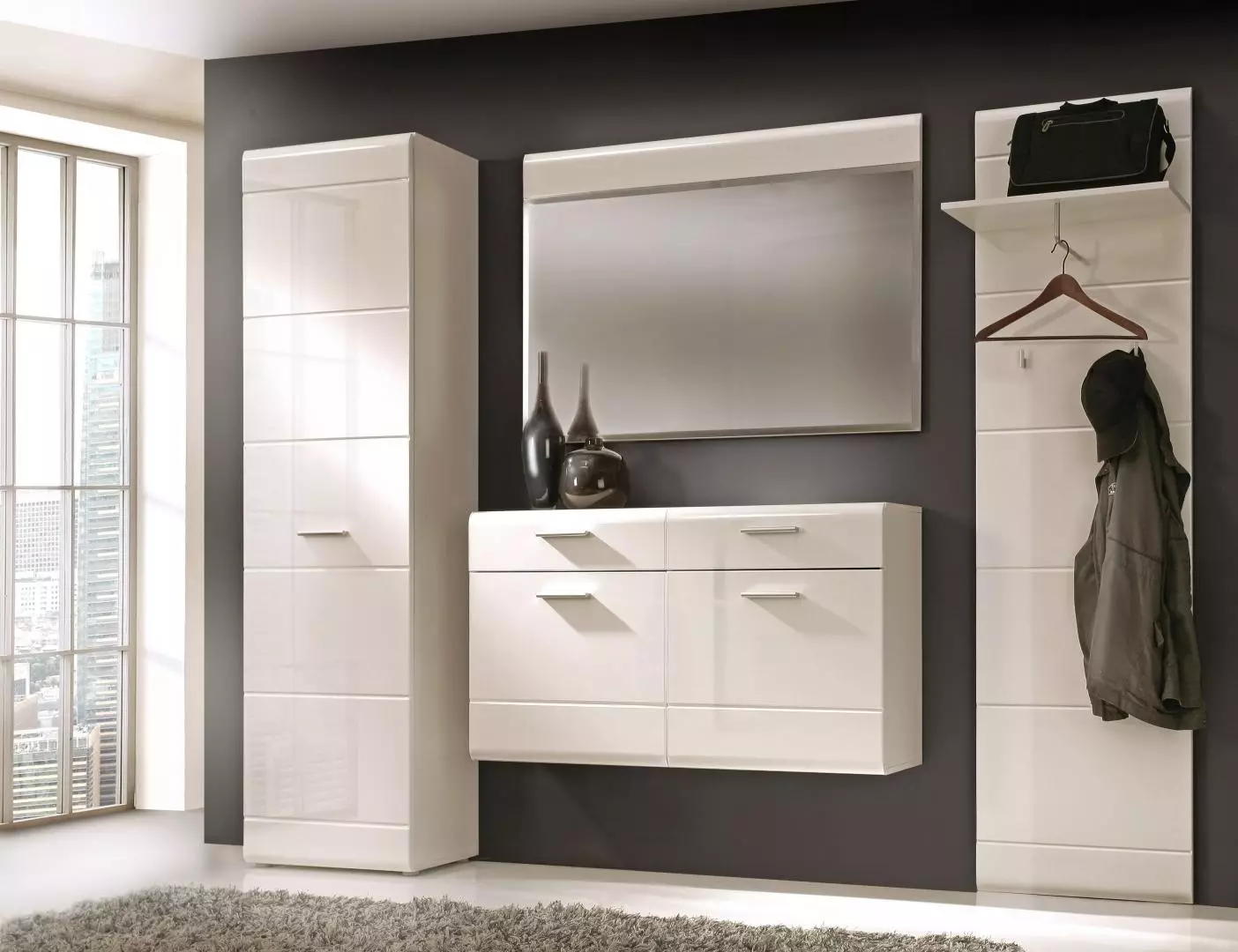 Salas brillantes: salones modulares blancos en un pasillo con fachadas brillantes, muebles negros y otros modelos. 9134_6