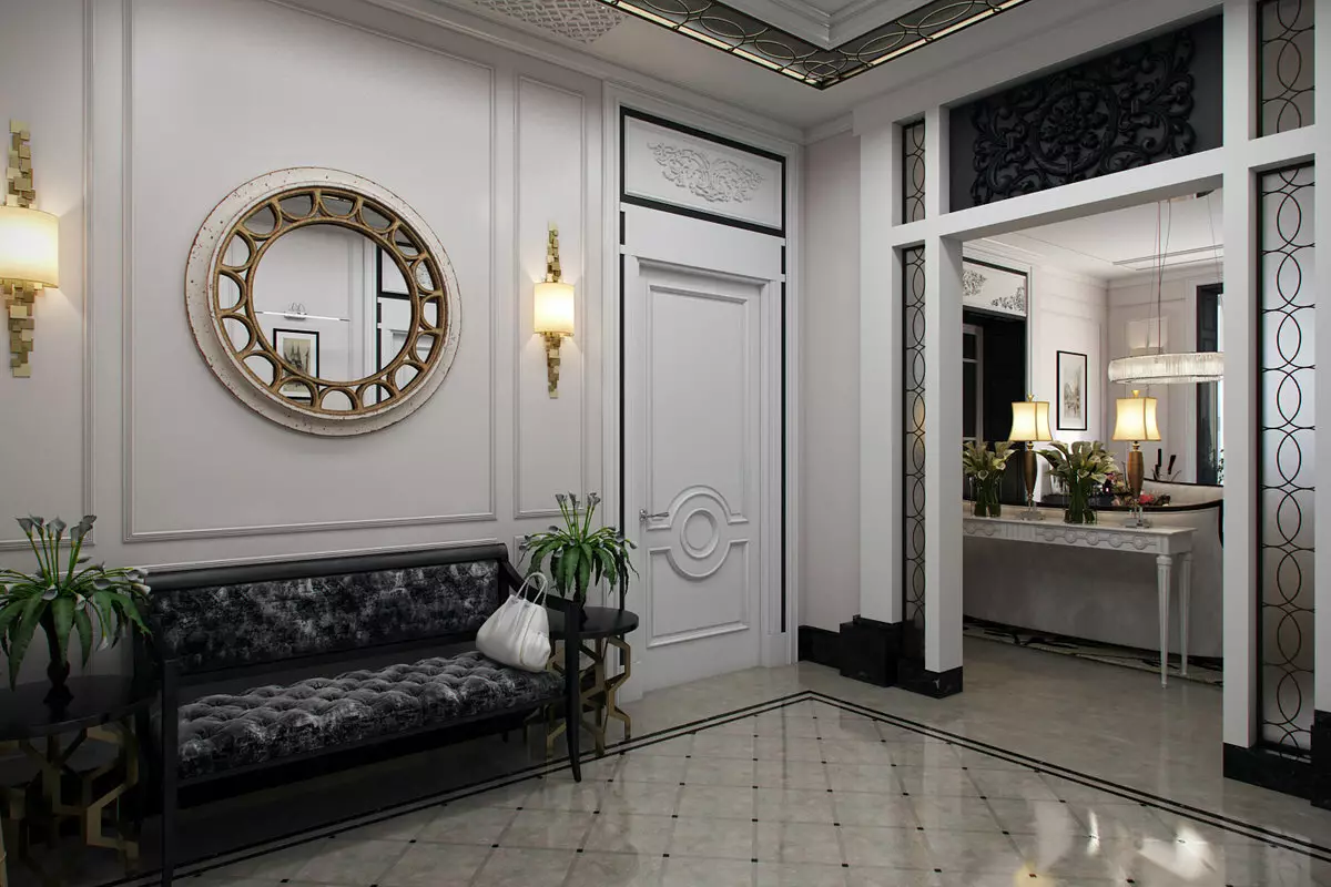 Hall in die styl van neoklassieke (33 foto's): die ontwerp van die gang in die woonstel. Seleksie van meubels vir neoqulassic styl binneland 9144_17