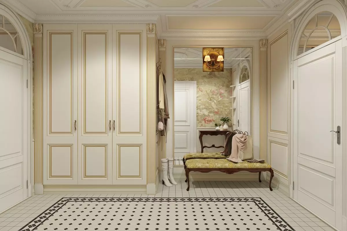 Hall in die styl van neoklassieke (33 foto's): die ontwerp van die gang in die woonstel. Seleksie van meubels vir neoqulassic styl binneland 9144_9
