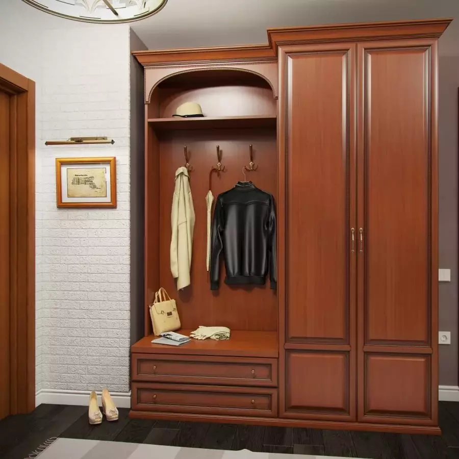 Swing Cabinets en la koridoro (57 fotoj): Revizio de kabinetoj kun svingaj pordoj kaj kun interetaĝo en la koridoro, fasadoj dezajno 9161_22