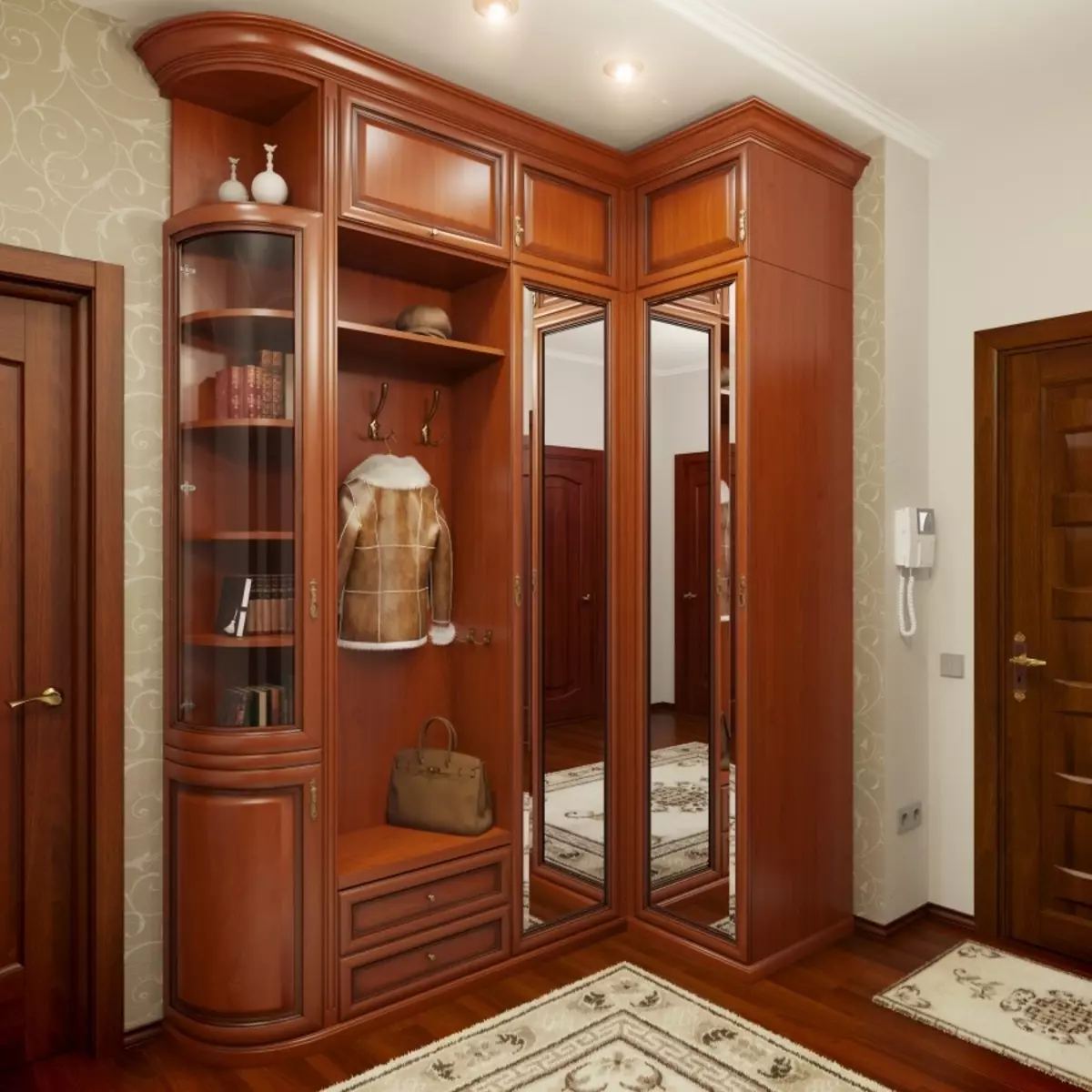Tủ xoay trên hành lang (57 ảnh): Đánh giá các tủ với cửa xoay và với lửng trong hành lang, thiết kế mặt tiền 9161_49