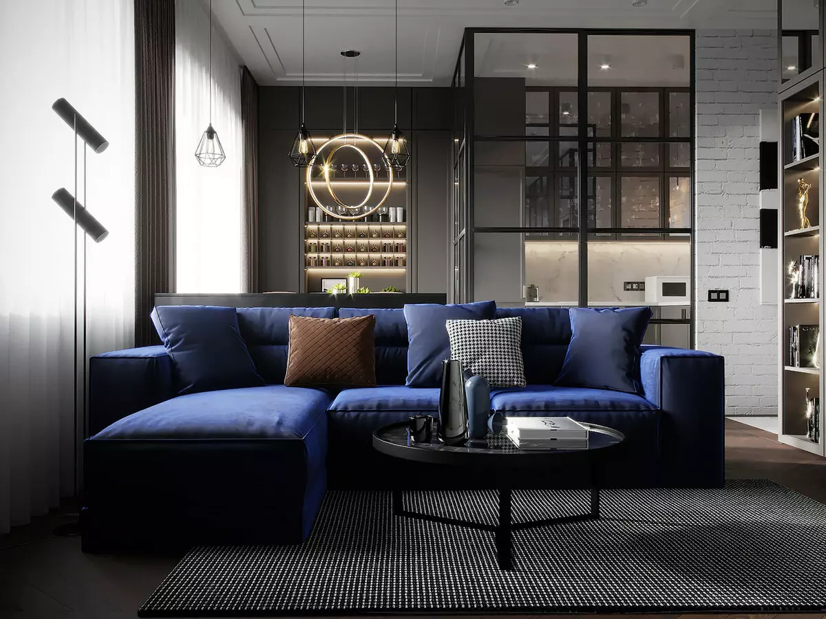 藍色沙發（73張）：角和直。深藍色的沙發在一個灰色內飾和其他房間的設計方案。枕頭，窗簾和壁紙選擇 9172_55