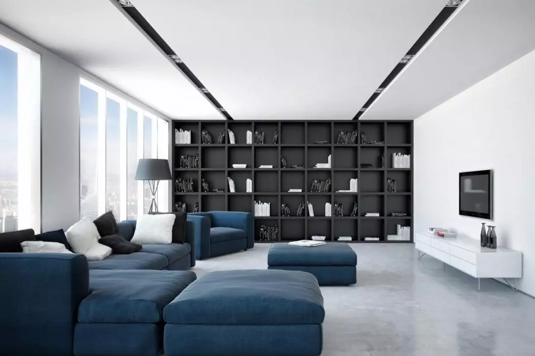 Zilie dīvāni (73 fotogrāfijas): leņķa un taisni. Tumši zilas dīvāni pelēkā interjerā un citās istabas dizaina opcijās. Spilvenu, aizkaru un tapešu izvēle 9172_58