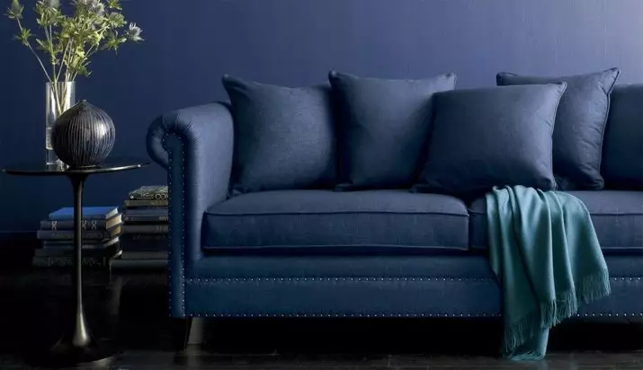 Blue Sofas (hotuna 73): Angular da madaidaiciya. Dark Blue Sofas a cikin Green Cikin Gida da Sauran Design Design. Zabi na matashin kai, labule da fuskar bangon waya 9172_69