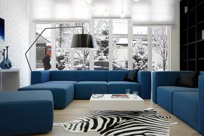 Сини мека мебел (73 снимки): ъглови и права. Тъмно сини дивани в сив интериор и други опции за дизайн на помещенията. Избор на възглавници, завеси и тапети 9172_71
