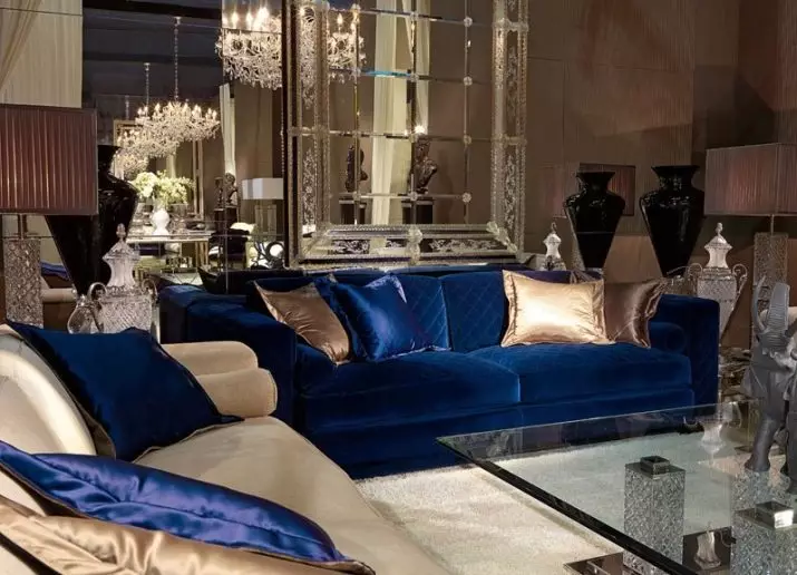 Blue Sofas (hotuna 73): Angular da madaidaiciya. Dark Blue Sofas a cikin Green Cikin Gida da Sauran Design Design. Zabi na matashin kai, labule da fuskar bangon waya 9172_72