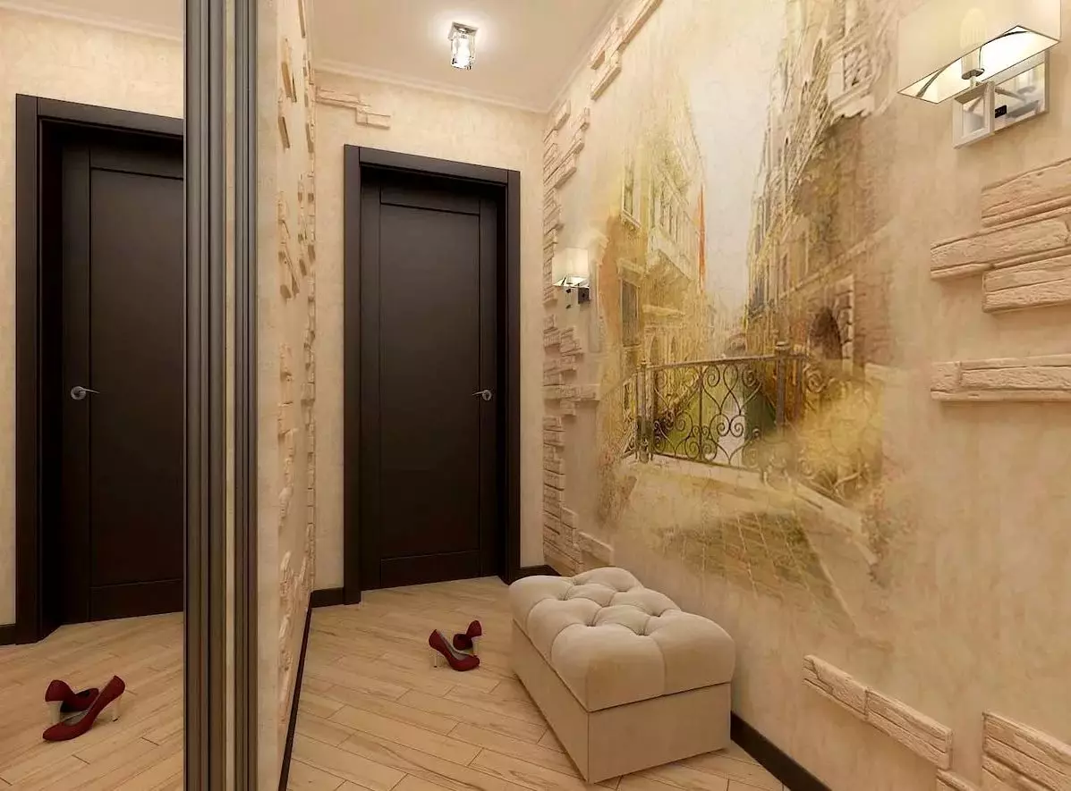 Desain koridor cilik (74 foto): ide-ide ing interior saka lorong cilik ing apartemen. Kepiye cara nglengkapi koridor sing sempit? 9179_11