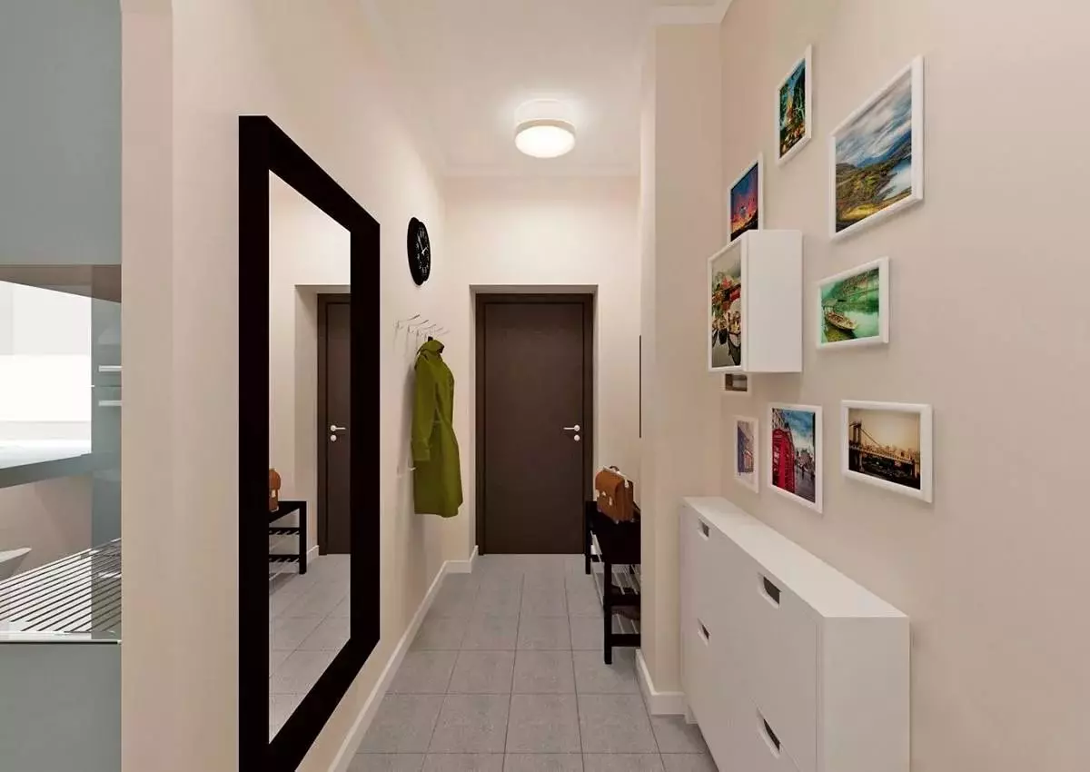 Pienen käytävän suunnittelu (74 valokuvaa): Pienien käytävien sisätilojen ideoita huoneistoissa. Miten varustaa kapea käytävä? 9179_12
