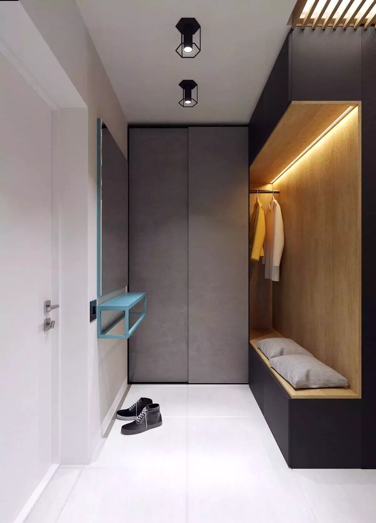 Desain koridor cilik (74 foto): ide-ide ing interior saka lorong cilik ing apartemen. Kepiye cara nglengkapi koridor sing sempit? 9179_17