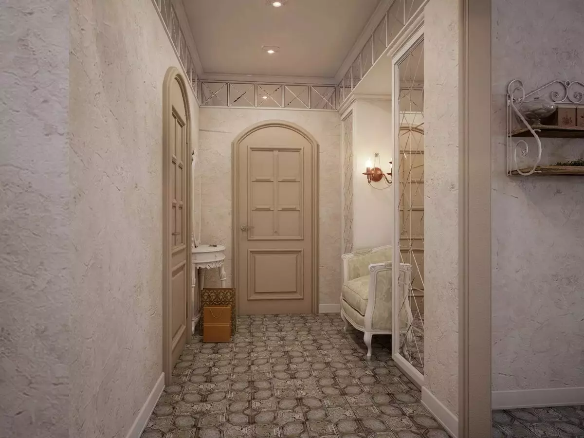 Desain koridor cilik (74 foto): ide-ide ing interior saka lorong cilik ing apartemen. Kepiye cara nglengkapi koridor sing sempit? 9179_23