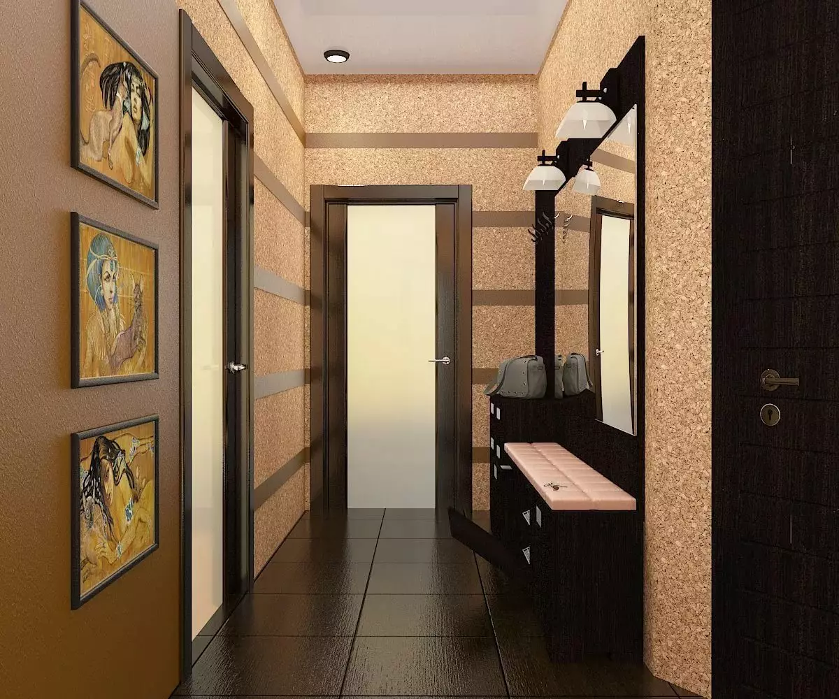 Desain koridor cilik (74 foto): ide-ide ing interior saka lorong cilik ing apartemen. Kepiye cara nglengkapi koridor sing sempit? 9179_24