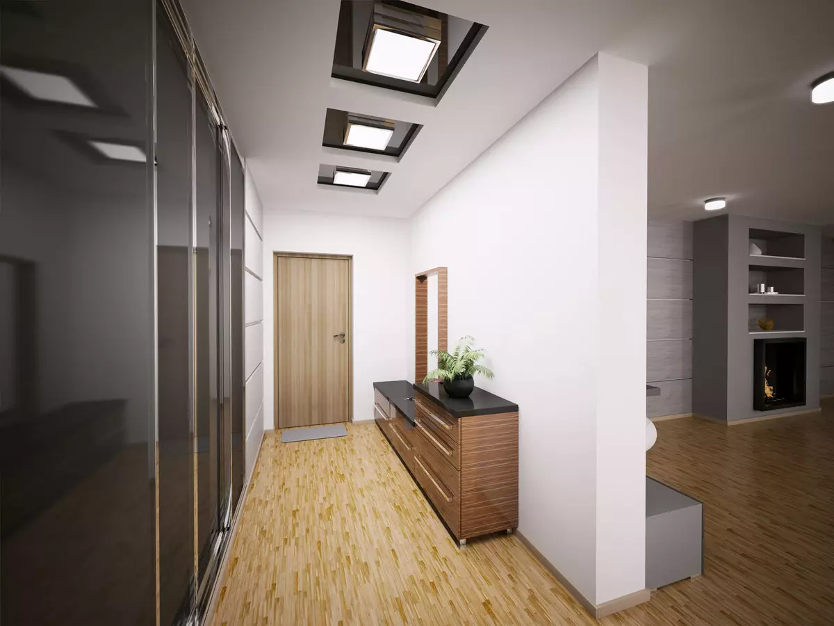 Desain koridor cilik (74 foto): ide-ide ing interior saka lorong cilik ing apartemen. Kepiye cara nglengkapi koridor sing sempit? 9179_39