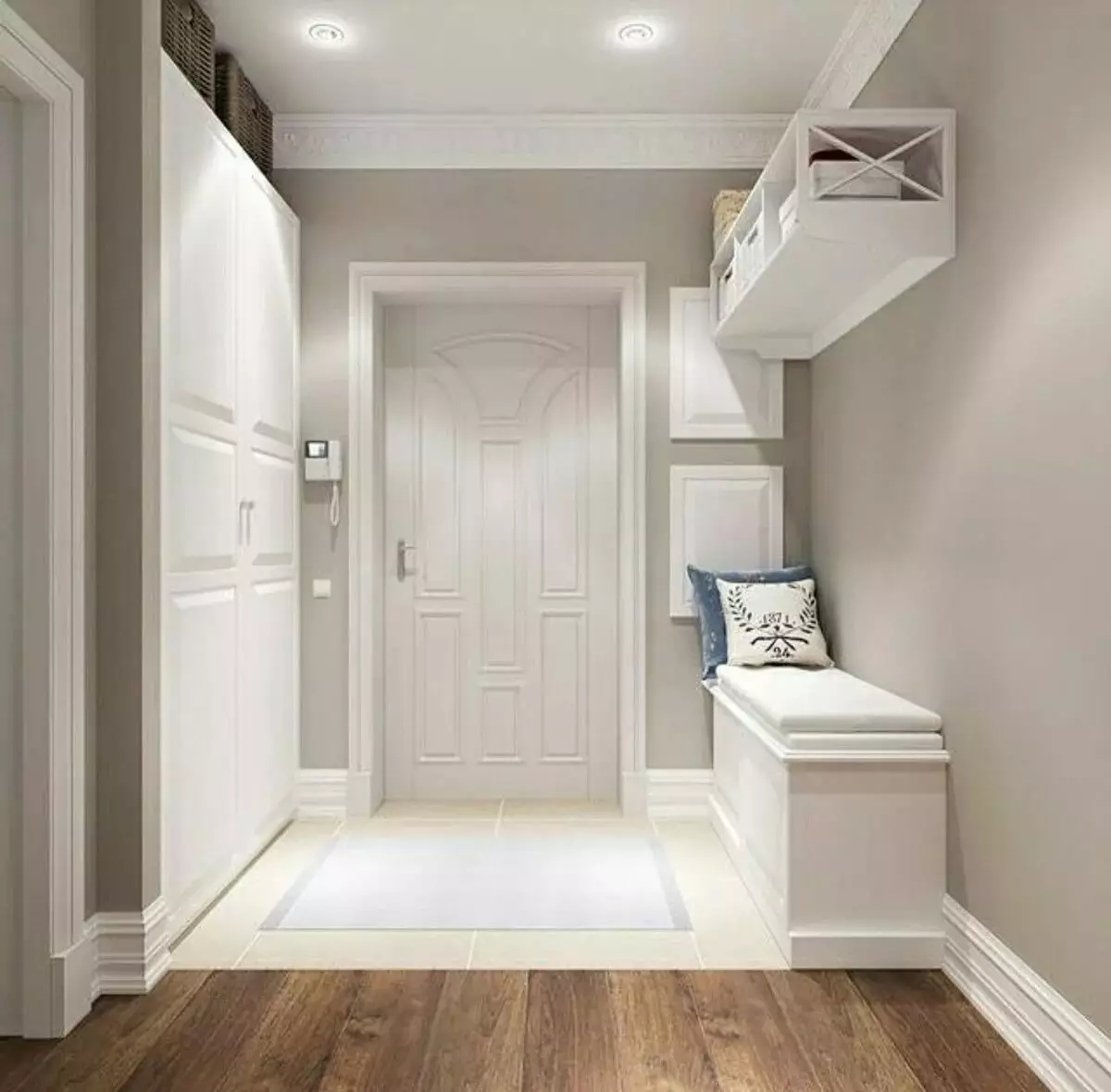 Design di un piccolo corridoio (74 foto): le idee dell'interno di piccoli corridoi in appartamenti. Come equipaggiare un corridoio stretto? 9179_42
