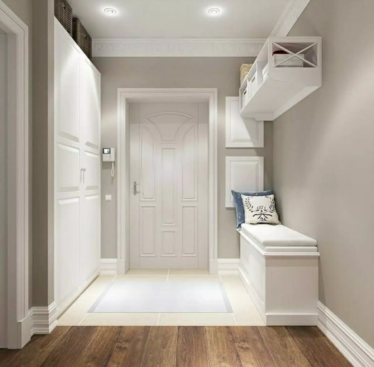 Desain koridor cilik (74 foto): ide-ide ing interior saka lorong cilik ing apartemen. Kepiye cara nglengkapi koridor sing sempit? 9179_54