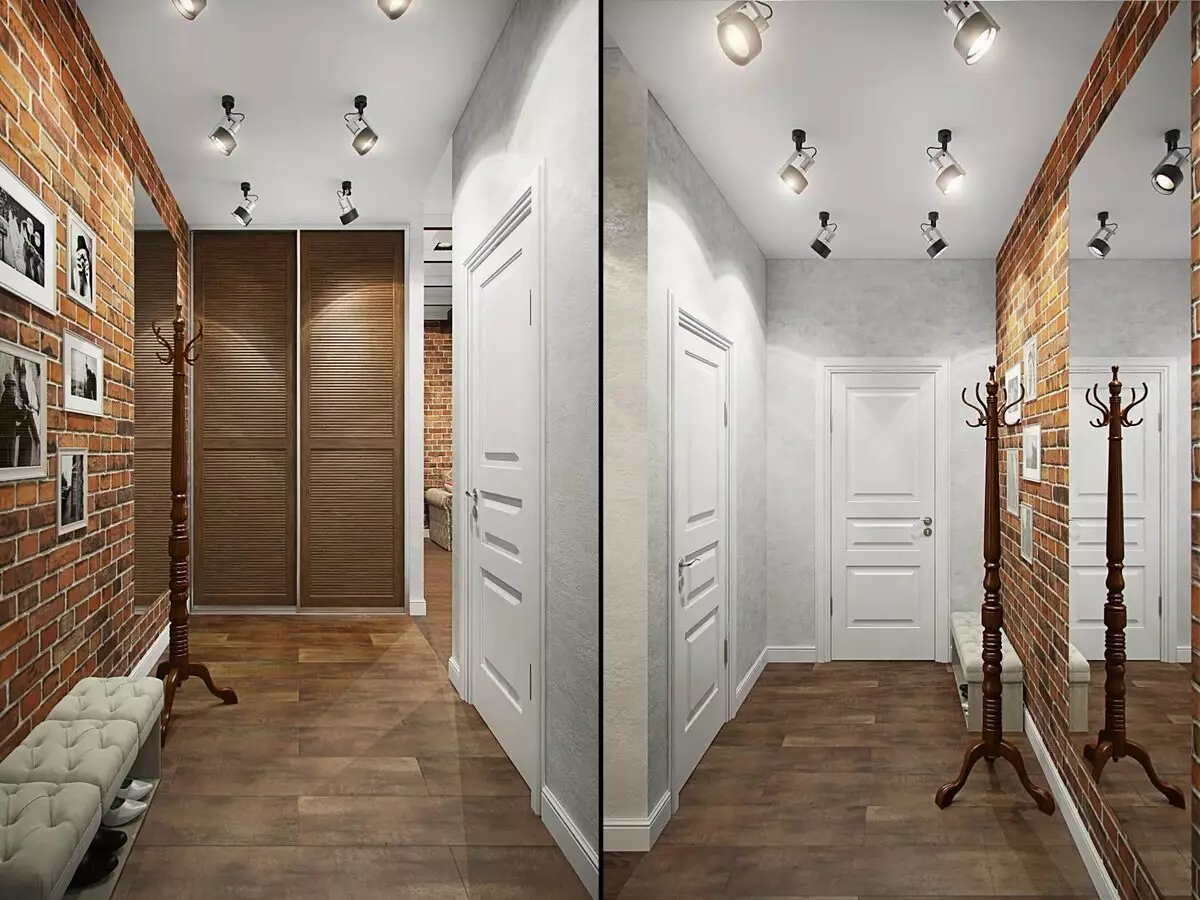 Desain koridor cilik (74 foto): ide-ide ing interior saka lorong cilik ing apartemen. Kepiye cara nglengkapi koridor sing sempit? 9179_65