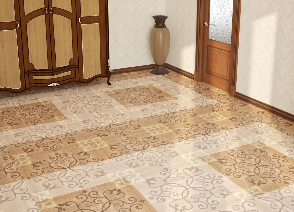 Plytelės ant grindų koridoriuje (99 nuotraukos): grindų plytelių dizaino parinktys koridoriuje. Modeliai, pagaminti iš porceliano akmenimis, plytelių ląstelių ir kitų gražių parinkčių 9181_16