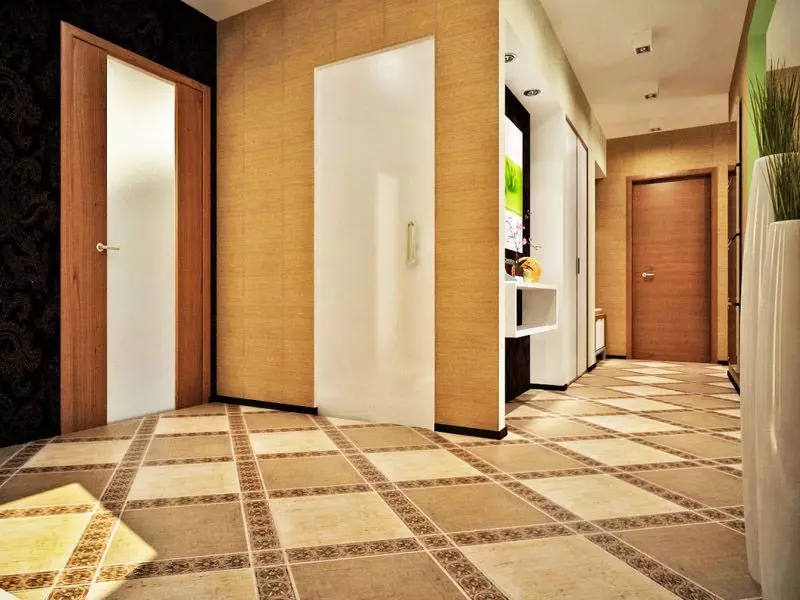 Плочка на подот во коридорот (99 фотографии): Опции за дизајн на подни плочки во ходникот. Шаблони направени од порцелан камен, плочки клетки и други убави опции 9181_3