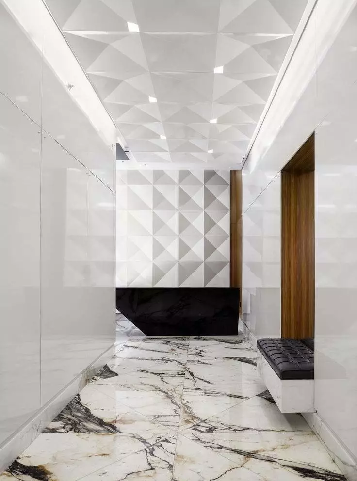 Плочка на подот во коридорот (99 фотографии): Опции за дизајн на подни плочки во ходникот. Шаблони направени од порцелан камен, плочки клетки и други убави опции 9181_66