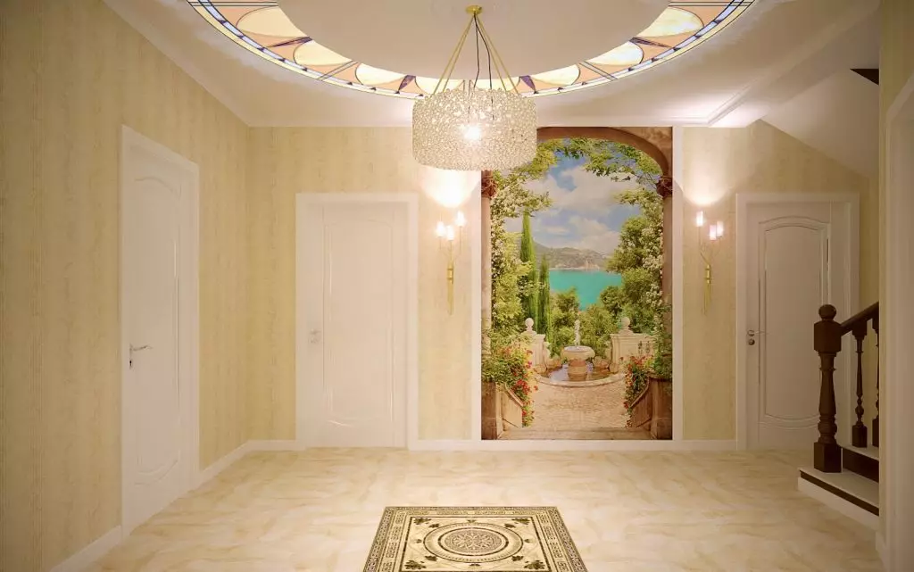 ფონი Corridor, Hallway (121 ფოტო): ფონი დიზაინი, არჩევანი hallway ერთად მუქი და მსუბუქი კარები, washable ნაცრისფერი და ზოლიანი, თეთრი და მწვანე ფონები ინტერიერში 9183_85
