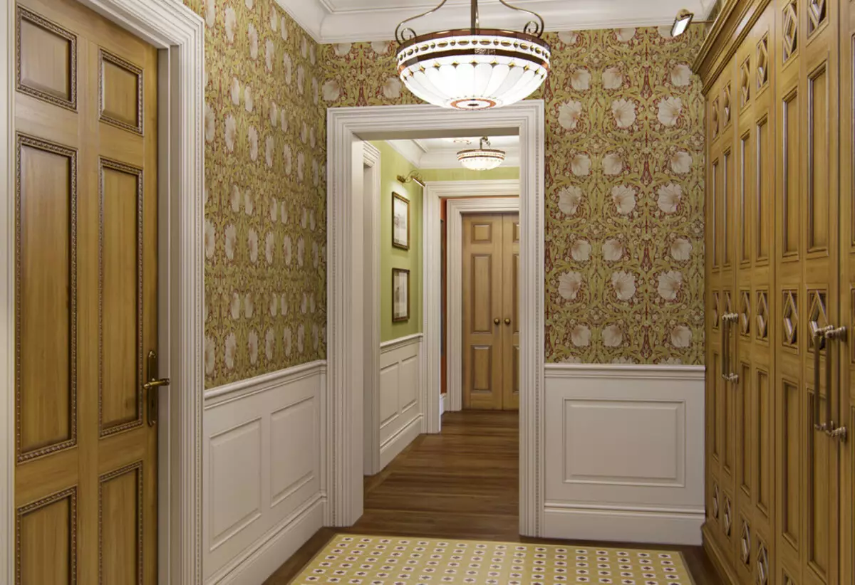 ფონი Corridor, Hallway (121 ფოტო): ფონი დიზაინი, არჩევანი hallway ერთად მუქი და მსუბუქი კარები, washable ნაცრისფერი და ზოლიანი, თეთრი და მწვანე ფონები ინტერიერში 9183_88