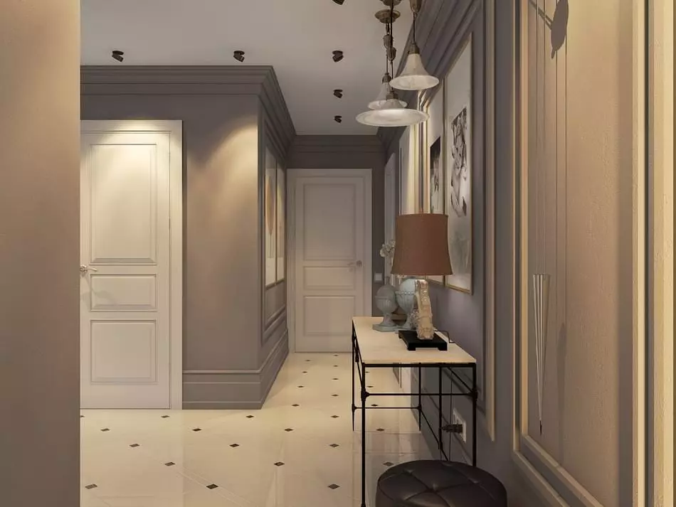 Hall d'entrée gris (65 photos): Corridor Design Idées en couleurs gris-blanc et autres. Murs et portes, sexe et meubles en gris à l'intérieur 9187_11