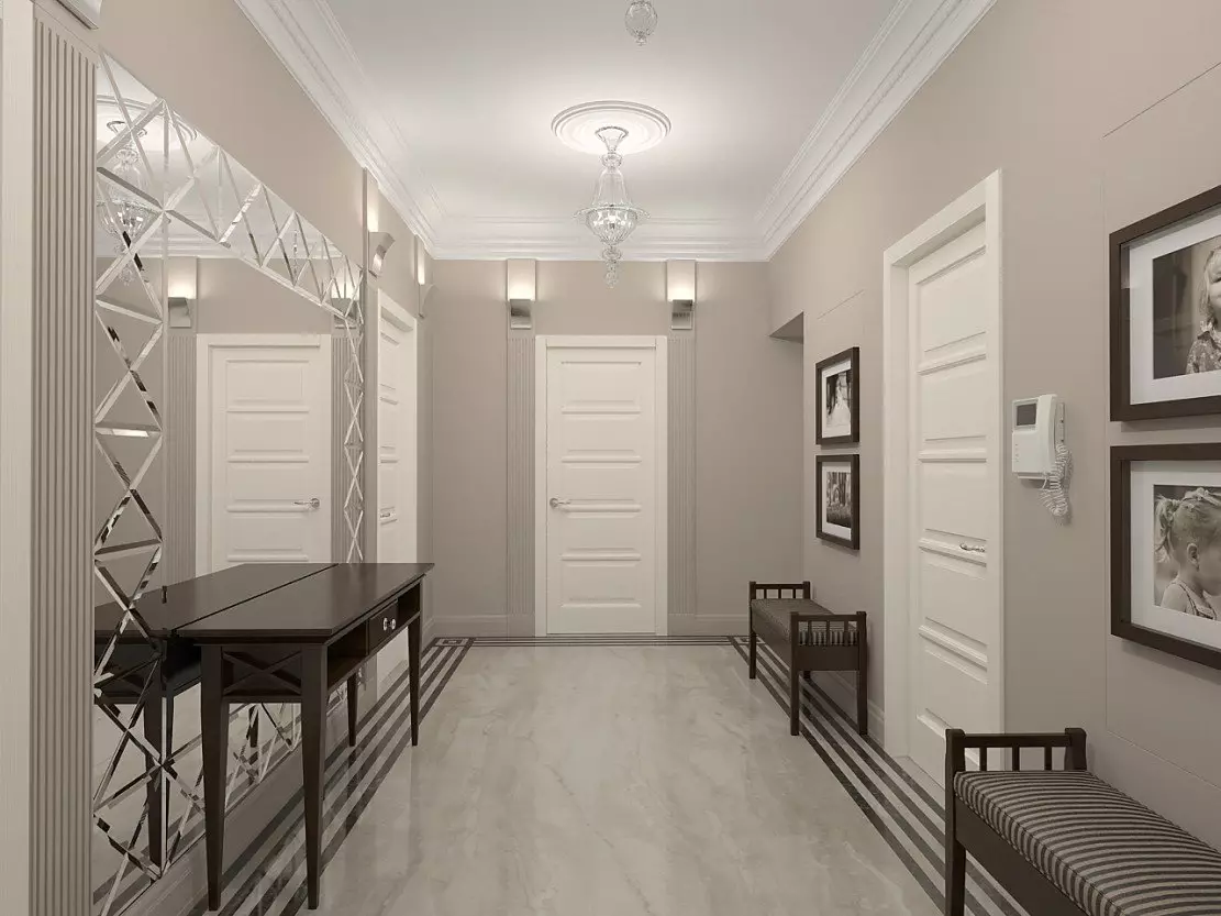 灰色のエントランスホール（65枚の写真）：灰色の白と他の色の廊下のデザインのアイデア。壁やドア、男女、男女と家具のインテリア 9187_14