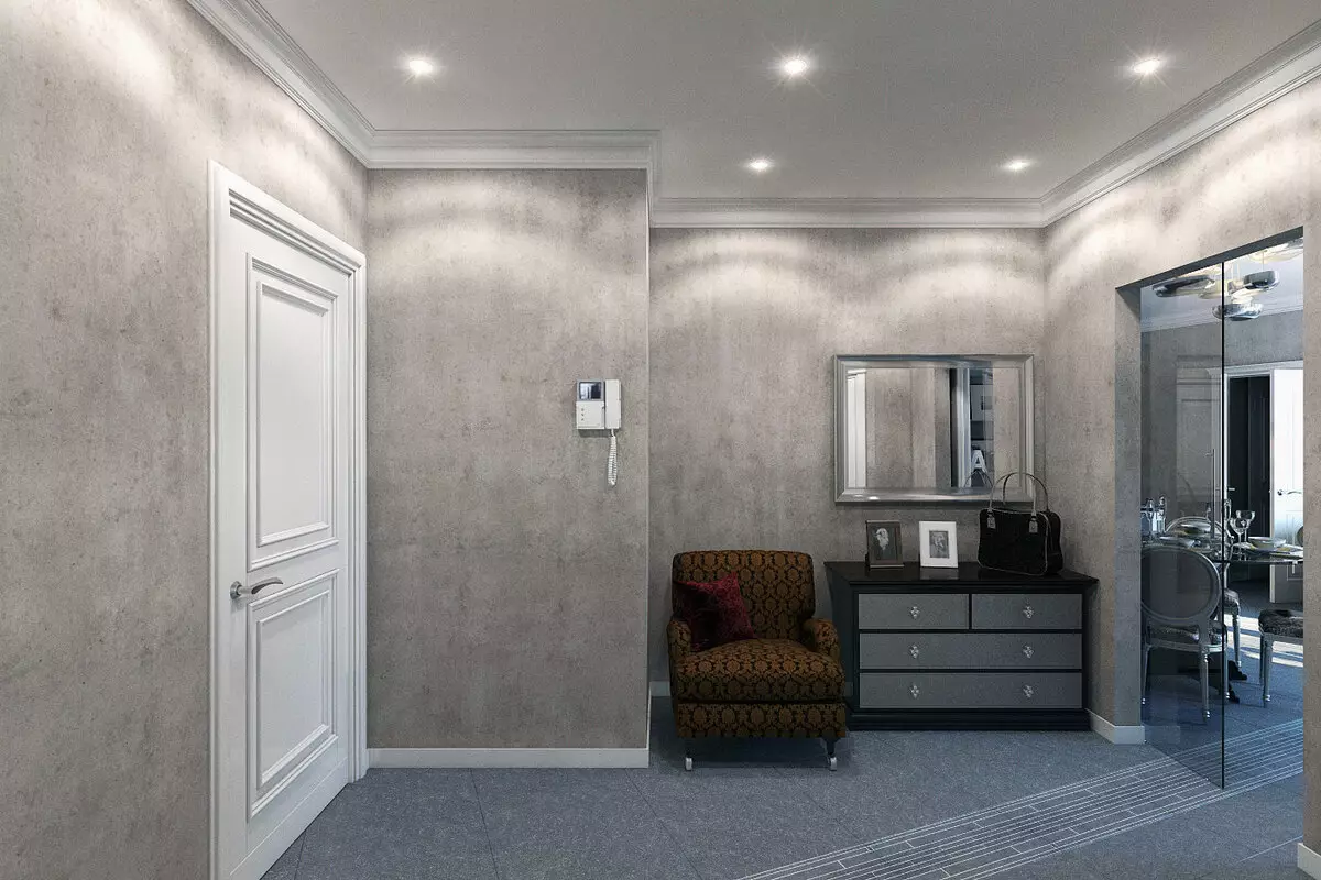 Harmaa sisäänkäynti (65 kuvaa): käytävän suunnitteluideat harmaa-valkoisissa ja muissa väreissä. Seinät ja ovet, sukupuoli ja huonekalut harmaalla sisustuksessa 9187_17
