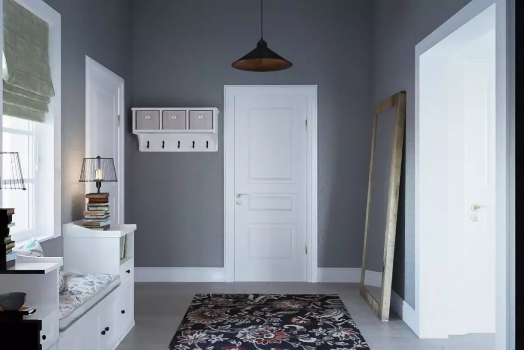 Harmaa sisäänkäynti (65 kuvaa): käytävän suunnitteluideat harmaa-valkoisissa ja muissa väreissä. Seinät ja ovet, sukupuoli ja huonekalut harmaalla sisustuksessa 9187_24