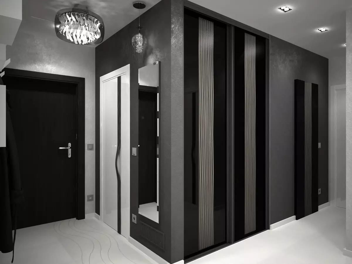 Grijze hal (65 foto's): Corridorontwerpideeën in grijs-witte en andere kleuren. Muren en deuren, geslacht en meubels in grijs in het interieur 9187_25