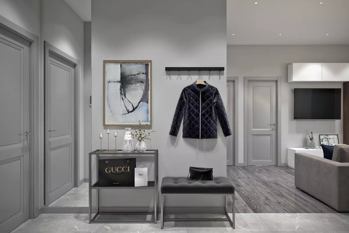 Grey Ingresso (65 foto): idee di design del corridoio in grigio-bianco e altri colori. Pareti e porte, genere e mobili in grigio nell'interno 9187_30