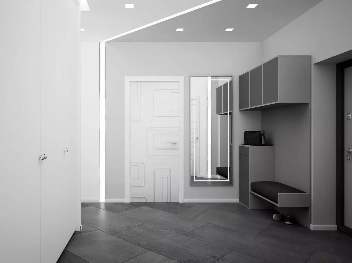 Сива улазница (65 фотографија): Идеје за дизајн коридора у сиво-белим и другим бојама. Зидови и врата, пол и намештај у сивој ентеријеру 9187_6