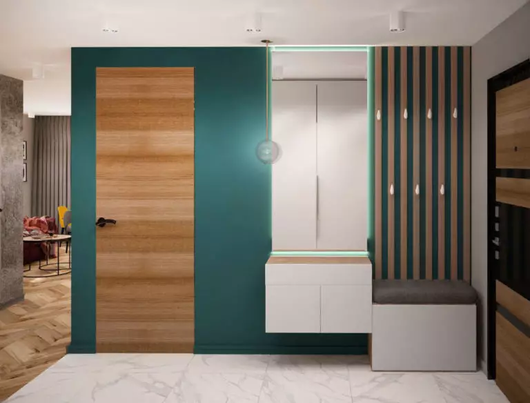 Desain lorong adalah 6 meter persegi. M (41 foto): Opsi untuk desain koridor persegi 2 untuk 3 di apartemen, proyek interior 9197_9