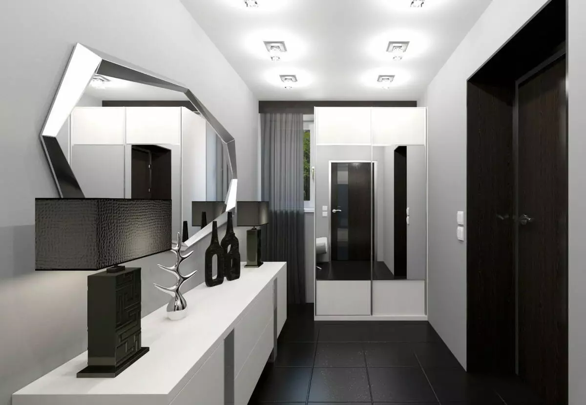 O design do corredor (86 fotos): As melhores ideias para criar um belo interior do corredor no apartamento habitual, exemplos de projeto 9205_33