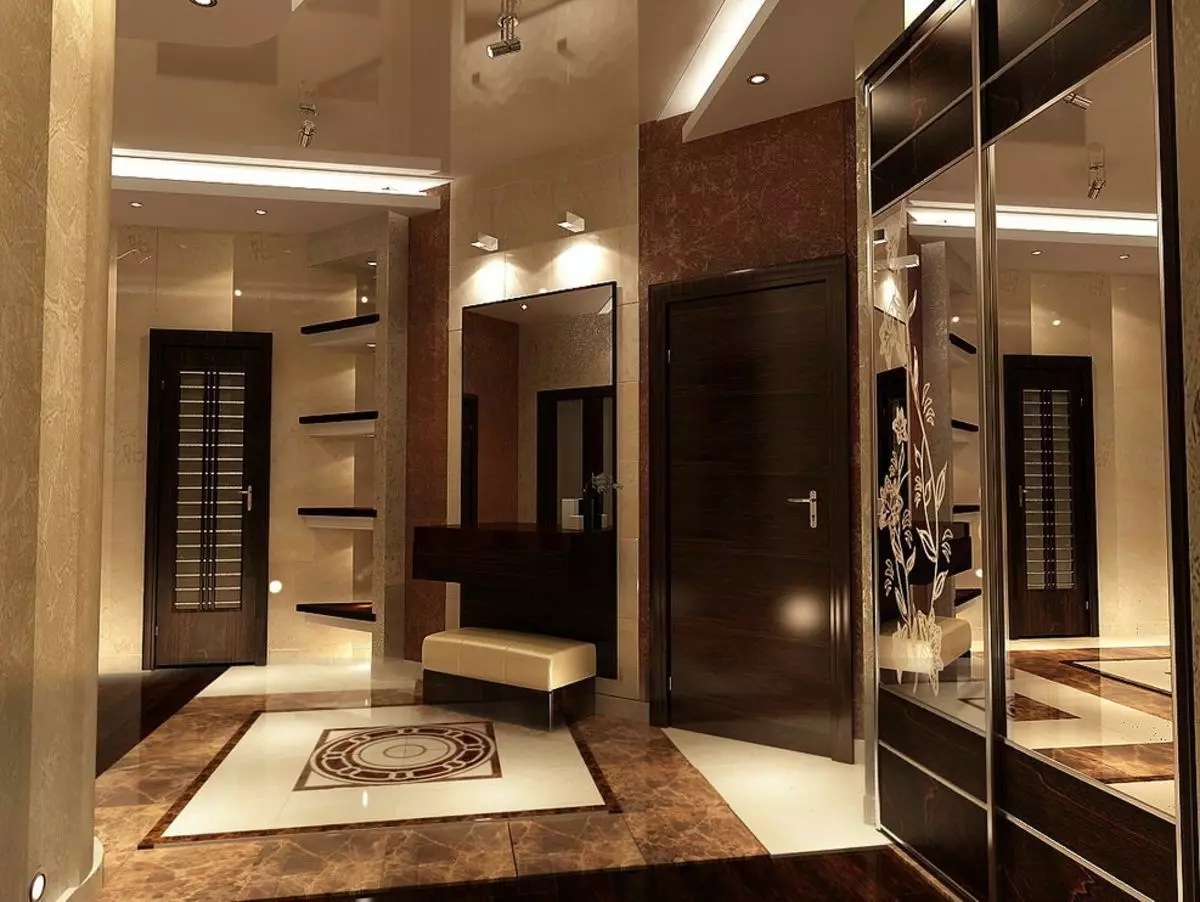 O design do corredor (86 fotos): As melhores ideias para criar um belo interior do corredor no apartamento habitual, exemplos de projeto 9205_7