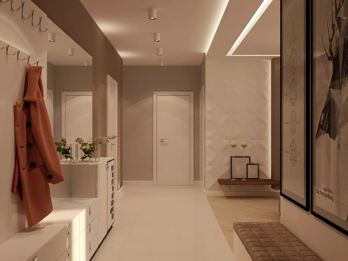 Korridorns design (86 bilder): de bästa idéerna för att skapa ett vackert inre av korridoren i den vanliga lägenheten, projektexempel 9205_75