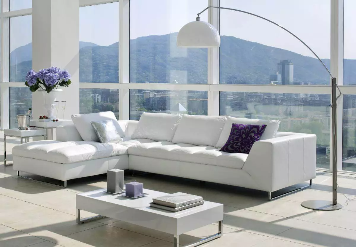 Hvide sofaer i interiøret (52 billeder): Vinkel og lige, vælg en stor til gæster og dobbelt-, klassiske og andre modeller 9214_4