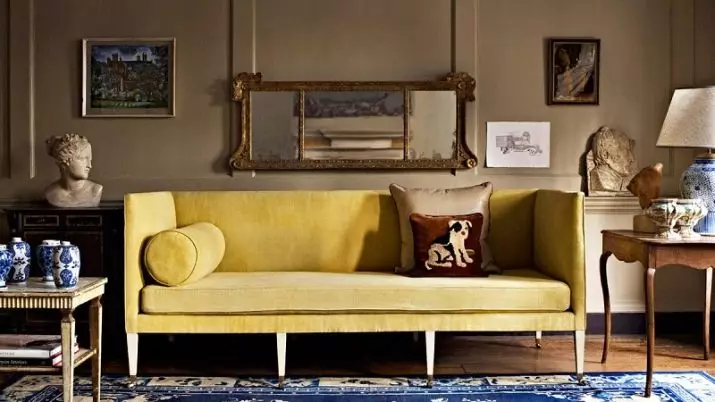 Sinappi sohvat (29 kuvaa): Esimerkkejä sisätilassa. Onko se sininen tyynyjä? Mitä verhot sopivat? 9239_23