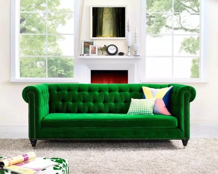 Velvet sofaer (22 billeder): Grøn, blå og modeller af andre farver fra fløjl, hjørne, foldning og andre sofaer med Velvet's polstring i interiøret 9252_8