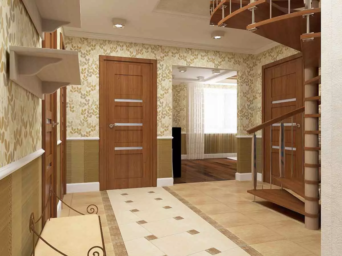 Hallway დიზაინი კერძო სახლში (95 ფოტო): დიდი და მცირე დერეფნის ინტერიერის რეგისტრაცია ფანჯარაში და ზაფხულისა და საზაფხულო სახლის გარეშე. ლამაზი განლაგება პარამეტრები 9262_28