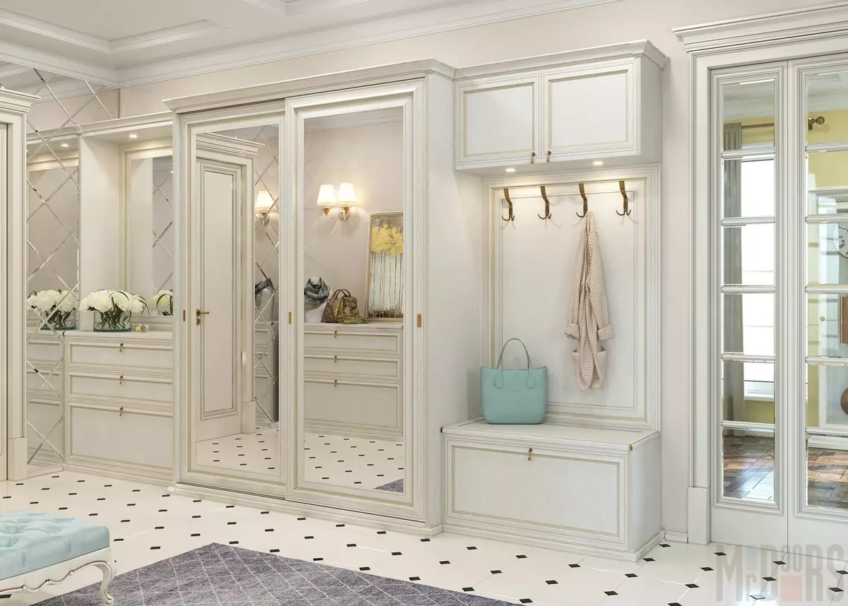 Белата влезна сала (76 фотографии): избор на мебел во коридорот во бело. Дизајн на ходникот во црно-бели и други комбинации во станот 9264_4
