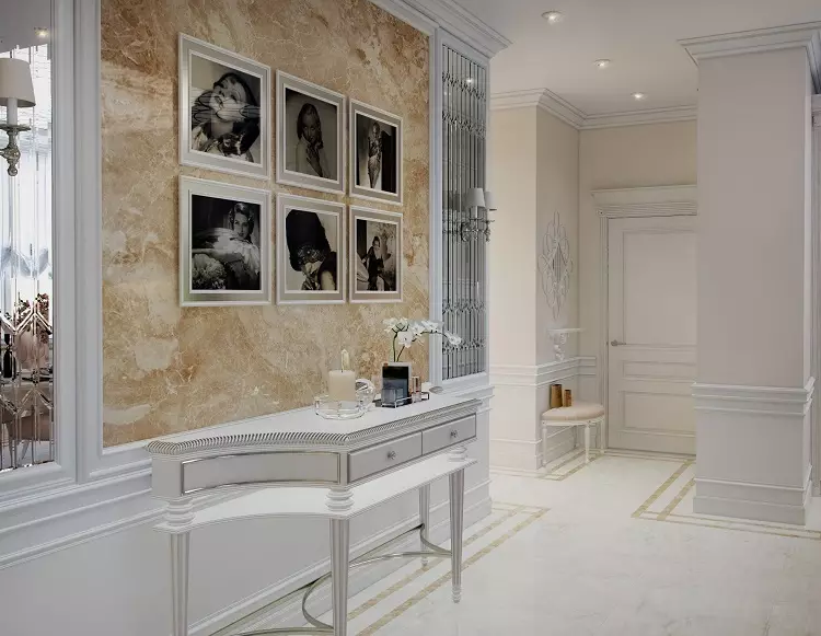 Белата влезна сала (76 фотографии): избор на мебел во коридорот во бело. Дизајн на ходникот во црно-бели и други комбинации во станот 9264_44