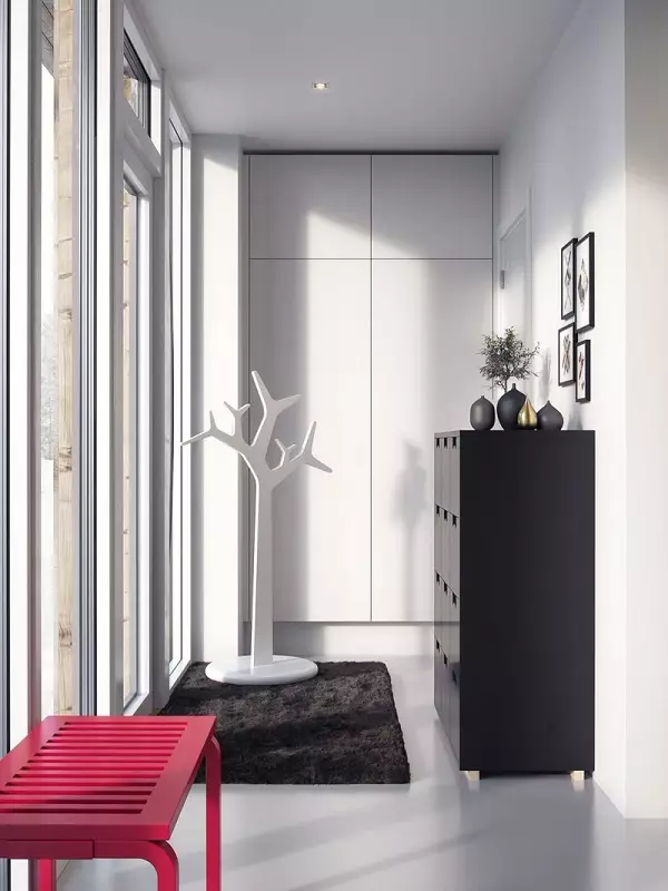 Белата влезна сала (76 фотографии): избор на мебел во коридорот во бело. Дизајн на ходникот во црно-бели и други комбинации во станот 9264_49