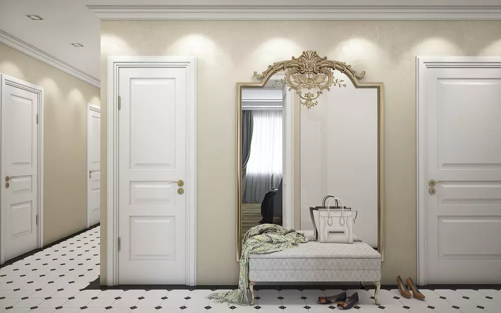 Белата влезна сала (76 фотографии): избор на мебел во коридорот во бело. Дизајн на ходникот во црно-бели и други комбинации во станот 9264_61