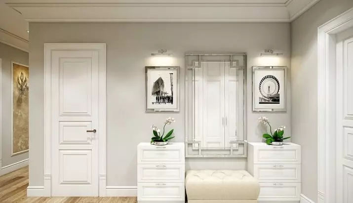 Hall de entrada blanco (76 fotos): Selección de muebles en el pasillo en blanco. Diseño del pasillo en blanco y negro y otras combinaciones en el apartamento. 9264_75