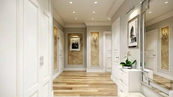 Белата влезна сала (76 фотографии): избор на мебел во коридорот во бело. Дизајн на ходникот во црно-бели и други комбинации во станот 9264_76
